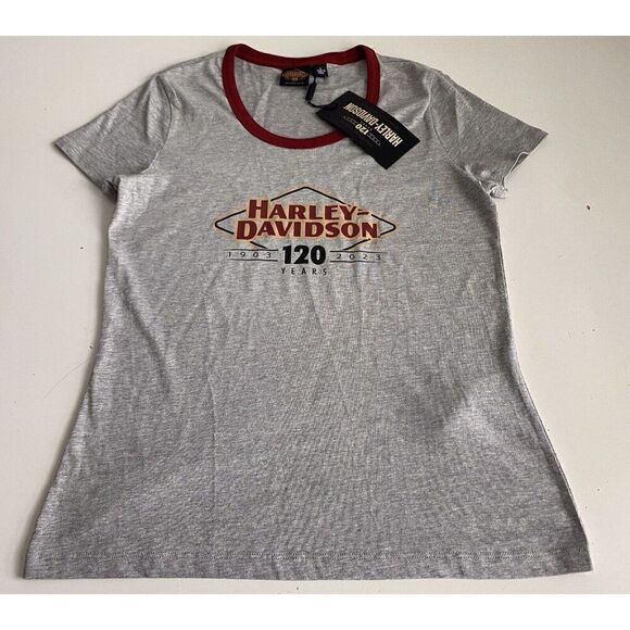 HARLEY DAVIDSON 120th Light Heather Grey Knit Tee Short Sleeve Women's Sz S NEW - Picture 1 of 8